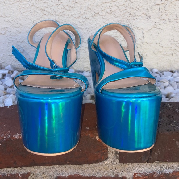 C DANCER IRIDESCENT BLUE PLATFORMS UNICORN RAINBOW MERMAID HEELS STRAPPY PLEASER - Picture 4 of 12